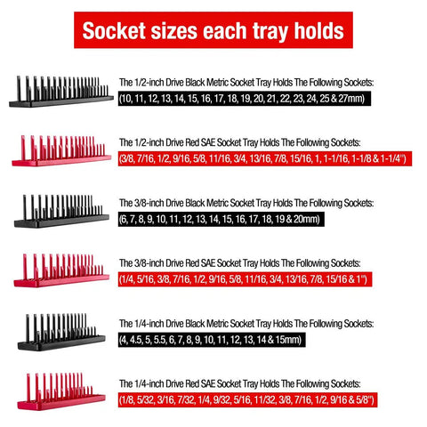 Six Piece Socket Organizer Tray Set For One Quarter Three Eighths And One Half Inch Drives With Red SAE And Black Metric Storage Trays holding various socket sizes