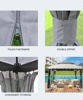 Collage of 10x12 Gazebo Replacement Mosquito Netting With Four Panel Zippered Sidewalls Built To Fit Most 10x12 Gazebos Gray Outdoor Canopy Net Mesh Easy To Install With O Ring Attachments details, including zippers and outdoor setup.