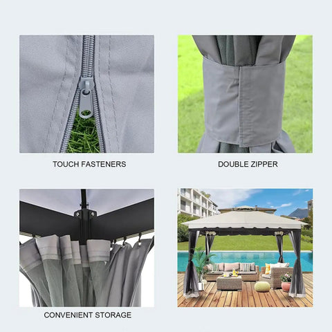 Collage of 10x12 Gazebo Replacement Mosquito Netting With Four Panel Zippered Sidewalls Built To Fit Most 10x12 Gazebos Gray Outdoor Canopy Net Mesh Easy To Install With O Ring Attachments details, including zippers and outdoor setup.