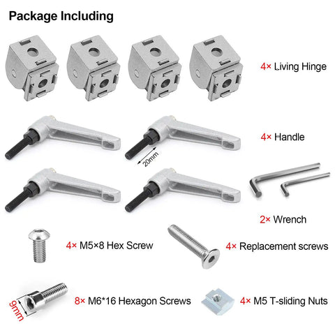 Zinc Alloy Die Cast Right Angle Pivot Joint Connector For 2020 Series V T Slot Aluminum Extrusion Profiles Dope Durability Built To Last Silver Finish package includes 4 hinges, handles, screws, and T-nuts