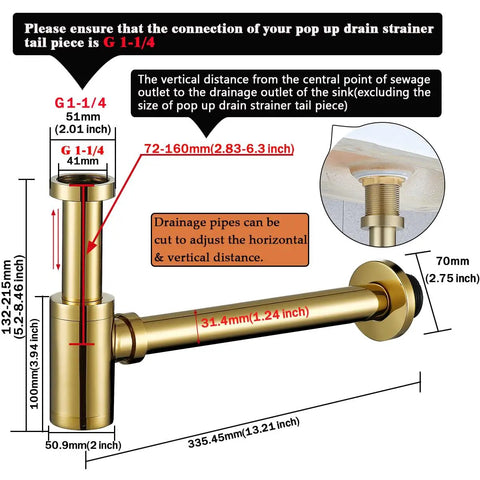 Deep Gold Polished Brass Contemporary Round Bottle P Trap Kit For 1 And A Quarter Inch Sink Drain Titanium Gold Finish Rust Resistant Easy Install Modern Basin Waste Drain shown with dimensions and installation details