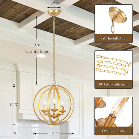 Gold Orb Pendant Light Chandelier Modern Three Light Globe Hanging Fixture For Dining Room Kitchen Bedroom Bathroom And Entryway Dope Contemporary Globe Lighting shown with adjustable features.