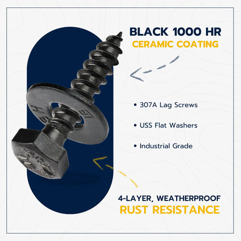5/16 X 1-1/2 Inch Lag Screw Kit With 50 Heavy Hitter Hex Bolts And Flat Washers, featuring black ceramic coating and USS flat washers.
