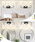 Lit Modern Bathroom Vanity Light Fixture in matte black, 3-light wall lamp with clear glass shades shown in bedroom and bathroom settings