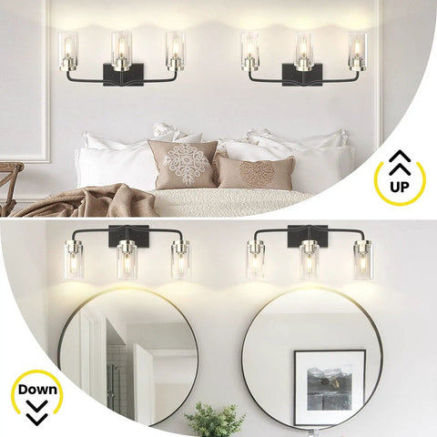 Lit Modern Bathroom Vanity Light Fixture in matte black, 3-light wall lamp with clear glass shades shown in bedroom and bathroom settings
