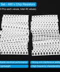 460 pieces of 1206 SMT Resistor Kit with 46 values from 10 Ohm to 1 Mega Ohm, one quarter watt, chip resistors for electronics projects.