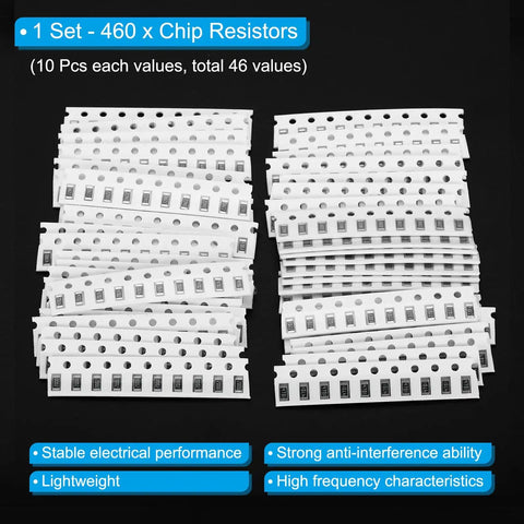 460 pieces of 1206 SMT Resistor Kit with 46 values from 10 Ohm to 1 Mega Ohm, one quarter watt, chip resistors for electronics projects.