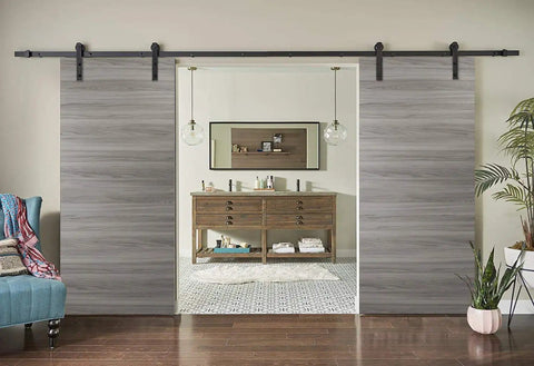 Sliding Double Barn Doors 84x96 With 14ft Rails Hangers Stops Hardware Set For Modern Solid Panel Interior Door Ginger Ash Style