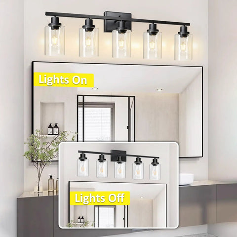 Dope Matte Black Five Light Wall Sconce With Clear Glass Shades, Modern Vanity Lighting, 37.8 Inch Long, Lights On and Off Comparison