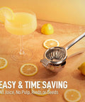 Go-To Stainless Steel Lemon Squeezer next to fresh juice and lemon slices, Heavy Duty Manual Citrus Press And Lime Juicer, Rust Free
