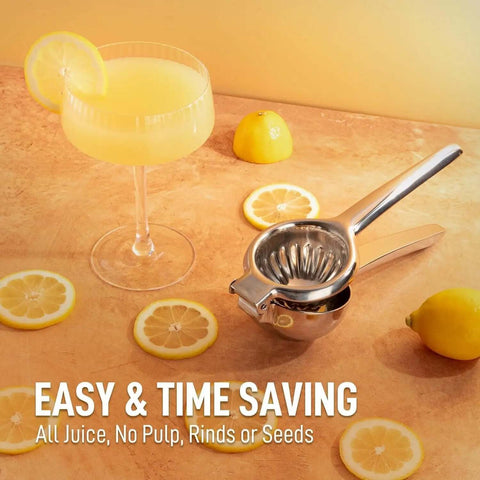 Go-To Stainless Steel Lemon Squeezer next to fresh juice and lemon slices, Heavy Duty Manual Citrus Press And Lime Juicer, Rust Free