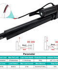 24V 6in stroke aluminum linear actuator side view, mounting bracket, IP65, 3000N/660lbs, red/black wires.