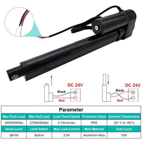 Heavy Duty 24V Linear Actuator With 24 Inch Stroke, 660 Lbs Load, diagram showing wiring and specifications