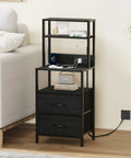 Solid Tall Nightstand With Four Open Shelves And Two Fabric Drawers Ultimate Bedside Station, black finish with two drawers.