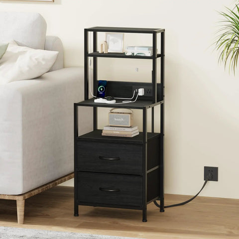 Solid Tall Nightstand With Four Open Shelves And Two Fabric Drawers Ultimate Bedside Station, black finish with two drawers.