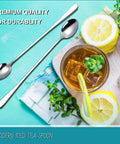 8 Piece 9 Inch Long Handle Stainless Steel Iced Tea Spoons Set on blue background with lemon and iced tea for cocktail stirring.