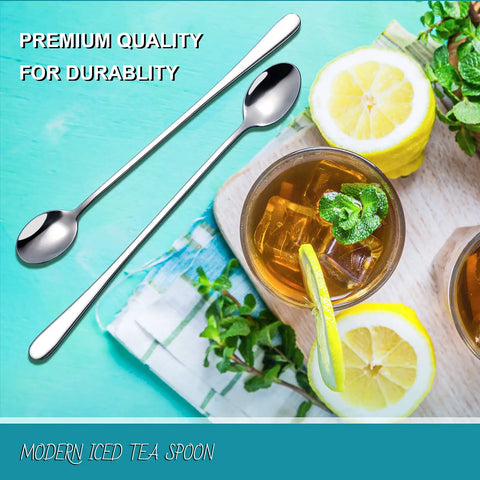 8 Piece 9 Inch Long Handle Stainless Steel Iced Tea Spoons Set on blue background with lemon and iced tea for cocktail stirring.