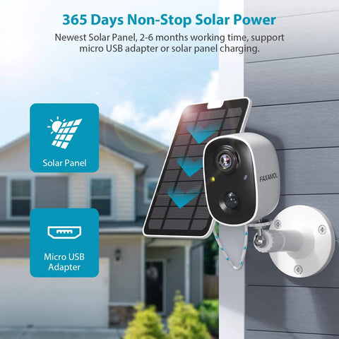 Solar Powered Outdoor Security Camera With Spotlight, 1080P Color Night Vision, mounted with solar panel on house wall