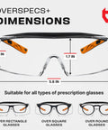 Diagram showing dimensions of over eyeglasses safety glasses for men and women with scratch resistant lenses, side shields.