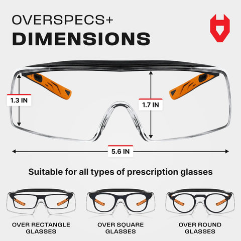 Diagram showing dimensions of over eyeglasses safety glasses for men and women with scratch resistant lenses, side shields.