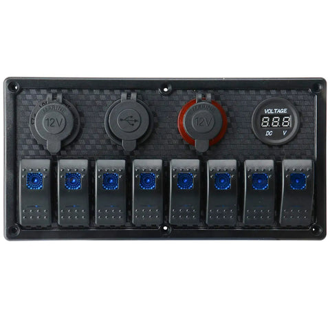Waterproof 8 Gang Rocker Switch Panel With Digital Voltmeter Dual USB Charger 12V Cigarette Lighter Socket Blue LED Indicator
