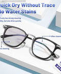 Icepac lens wipes for eyeglasses; angled shot of black-framed glasses with before/after cleaning labels