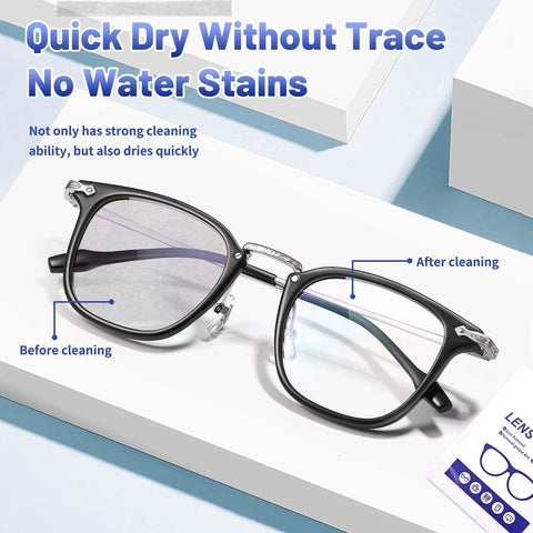 Icepac lens wipes for eyeglasses; angled shot of black-framed glasses with before/after cleaning labels