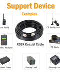 RG8X Coax Cable 50ft for Ham Radio and CB with UHF SO239 and SMA BNC adapters shown with compatible devices illustration