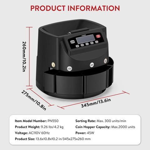 Coin Counter Machine Sorter For Change With Wrapper Roller, Auto Sorts And Batches Up To 300 Coins Per Minute, black model PN550