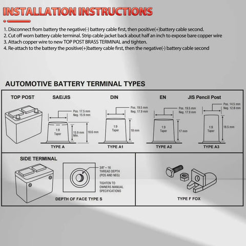 Diagram illustrating automotive battery terminal types and installation instructions for brass top post connectors.
