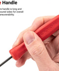 Red handle of USA Five Piece Pick And Hook Set For Precision Mechanical Work Includes Straight 45 Degree Bent And 90 Degree Picks.