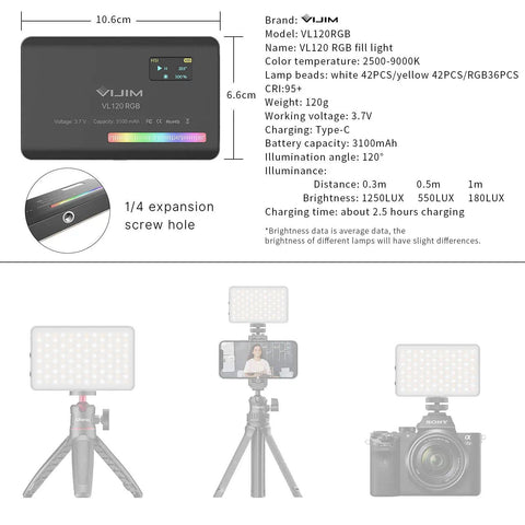 Specs of Portable RGB LED Video Light Panel For Cameras 0 To 360 Degree Color Range 2500K To 9000K 95 Plus CRI Rechargeable 3100mAh
