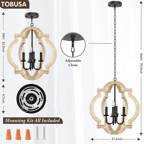 Cozy Farmhouse Orb Chandelier Four Light Rustic Pendant Ceiling Lights With Adjustable Wood Frame And Black Metal Sockets