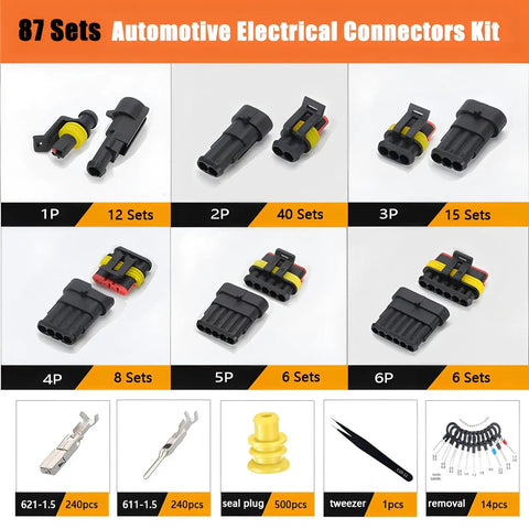 Weather Pack Connector Kit With Ratchet Crimping Tool For Automotive, Motorcycle And Boat Wiring, 1350Pcs In 1 To 6 Pin Sets display