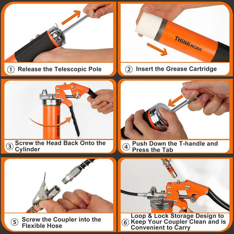 Step-by-step assembly and usage of the 8000 PSI Pistol Grip Grease Gun Kit With Adjustable Pressure Beefed-Up Heavy Duty Pro Grade Tool