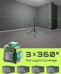 3 By 360 Degree Laser Level Self Leveling With Green Cross Line For Construction And Picture Hanging All In One Boss Grade Tool With Rechargeable Battery Remote Control And Magnetic Rotating Stand Included in room with tripod