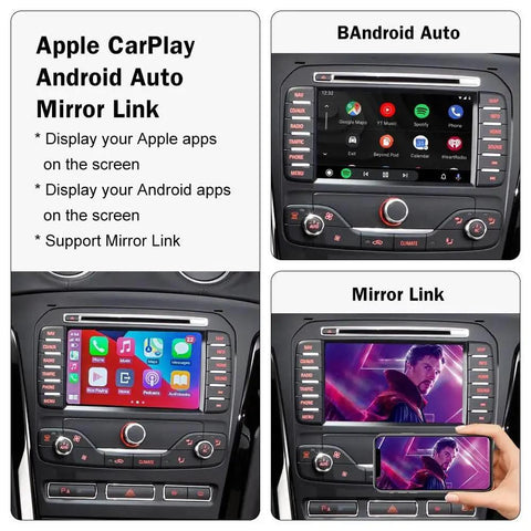 Wireless CarPlay And Android Auto Retrofit Kit Decoder For Ford 2013 2015 With Sync2 8 Inch LCD Screen showing app interfaces