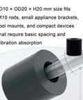 Heavy Duty M10 Rubber Spacer 10 mm ID, 20 mm OD, 20 mm High NBR Bushing for anti vibration isolator shown with threaded rod