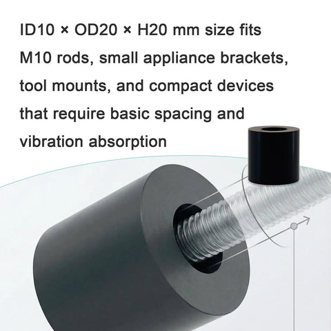 Heavy Duty M10 Rubber Spacer 10 mm ID, 20 mm OD, 20 mm High NBR Bushing for anti vibration isolator shown with threaded rod