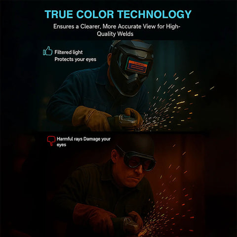 User wearing 0.1ms Auto Darkening Welding Helmet With True Color Large Viewing Screen And Adjustable Headband in welding scene