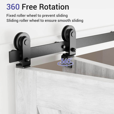 Two Door Bi Folding Sliding Barn Door Hardware Kit 42 Inch Black Track Top Mount Rollers Whisper Quiet Glide Built Tough Steel 330 Lb Capacity For Wood And Metal Doors showing 360-degree free rotation rollers