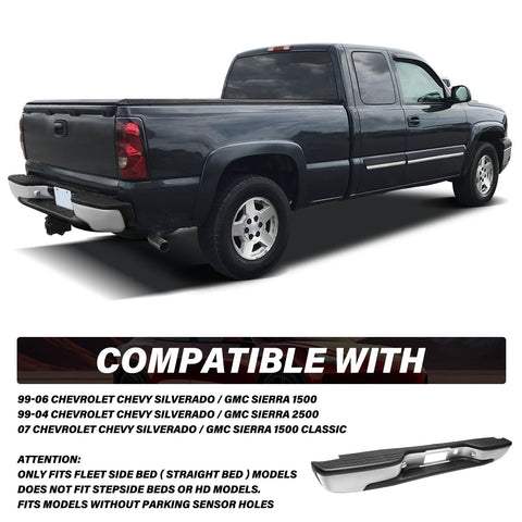 Chrome rear step bumper assembly installed on a 1999–2006 Chevrolet Silverado / GMC Sierra pickup (side view).