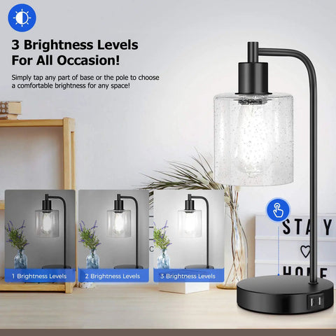 Cool Industrial Seeded Glass Table Lamps Set Of 2 With Touch Control, black metal frame, 3 brightness levels, USB ports