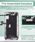 IPhone X Screen Replacement LCD 3D Touch Digitizer Full Assembly With Ear Speaker Proximity Sensor 5.8 Inch For IPhone X A1865 A1901 A1902 DIY Repair Tools Kit Magnetic Screws Pad showing pre-assembled ear speaker and proximity sensor