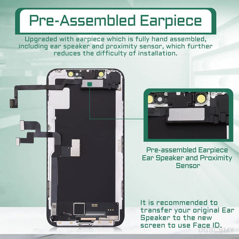 IPhone X Screen Replacement LCD 3D Touch Digitizer Full Assembly With Ear Speaker Proximity Sensor 5.8 Inch For IPhone X A1865 A1901 A1902 DIY Repair Tools Kit Magnetic Screws Pad showing pre-assembled ear speaker and proximity sensor