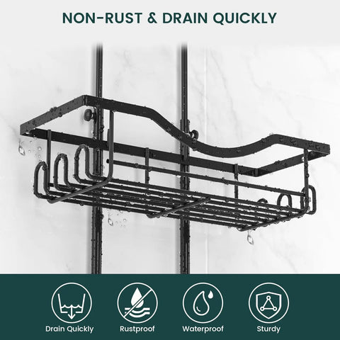 Must Have Overhead Shower Organizer With Adjustable Height Rustproof Caddy With Hooks And Soap Holder, black finish