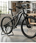 Mountain bike on foldable aluminum bike stand for road bikes mountain bikes and e bikes, portable floor rack for indoor parking.