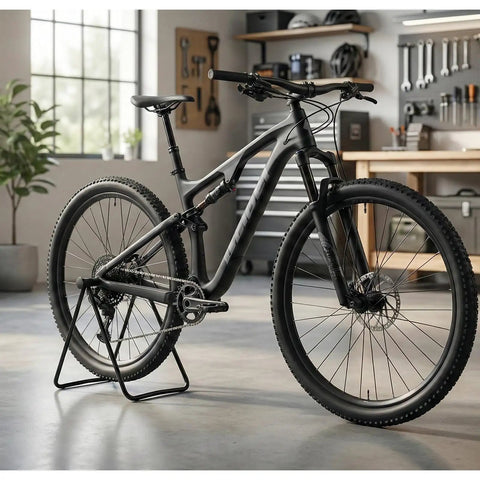 Mountain bike on foldable aluminum bike stand for road bikes mountain bikes and e bikes, portable floor rack for indoor parking.