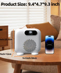 Portable Indoor Space Heater With Remote And LED Display on a table, size comparison with phone, in cozy living room.