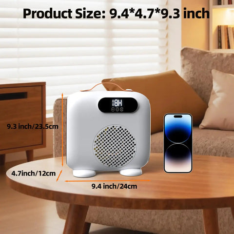 Portable Indoor Space Heater With Remote And LED Display on a table, size comparison with phone, in cozy living room.